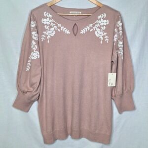 NEW Cactus + Pearl XL Sweater Embroider Flowers Pink Mauve Spring 3/4 Sleeve NWT